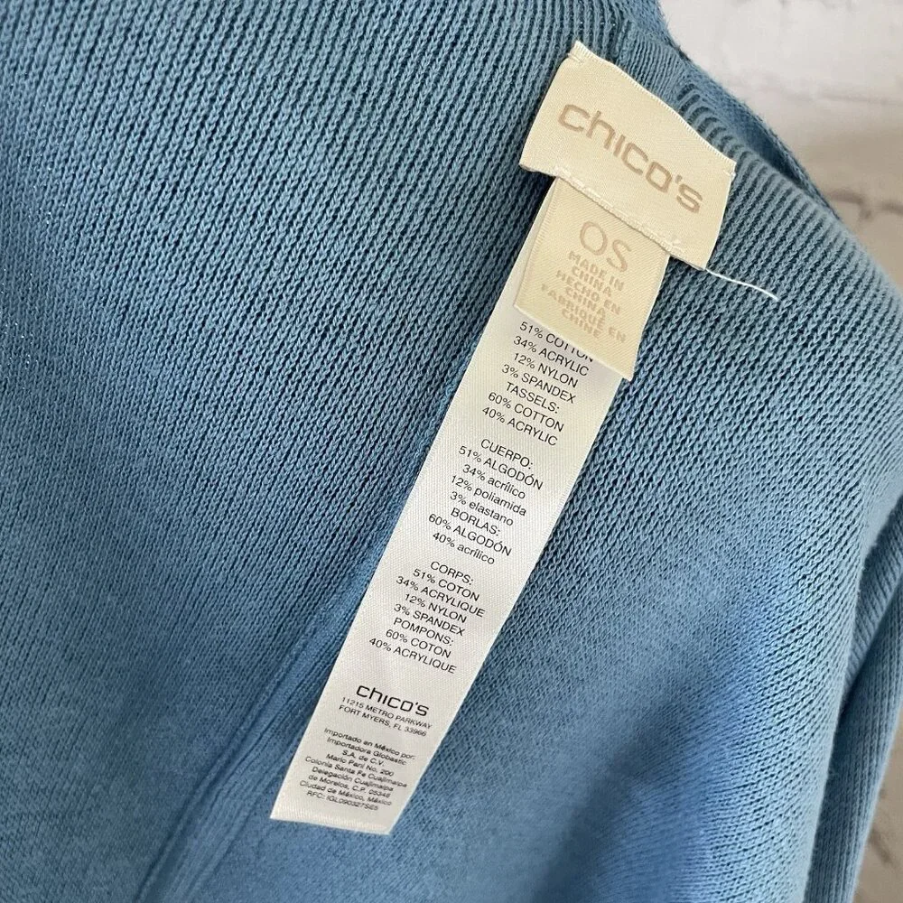 Chico's One Size Reversible Knit Cape Blue Cotton Blend Shawl Wrap Fringe - Picture 6 of 6